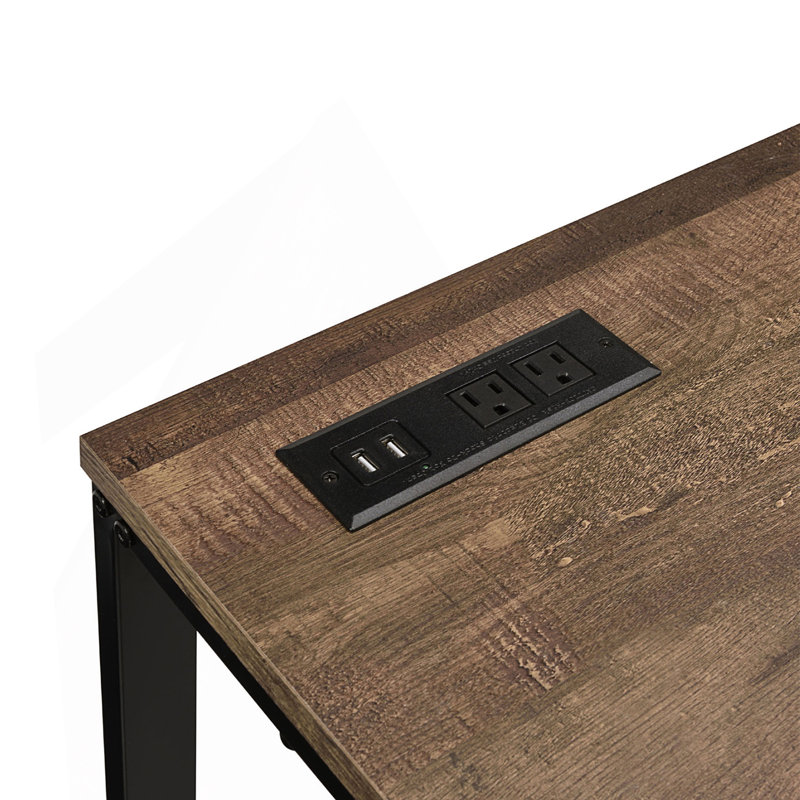 Bureau d'écriture rectangulaire avec port USB et prise, Walnut/Black