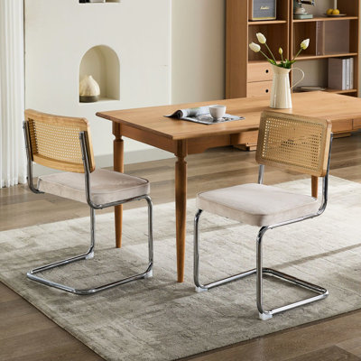 Mid Century Modern Kitchen Chairs Of 2, Beige Velvet With Back Robust Base 2pcs Dining Chairs, Natural Cane Stainless Base, Accent For Room, Excelle