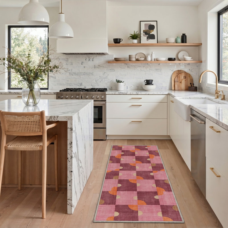 Abrahamson Hexa Modern Machine Washable Pink / Beige / Orange Indoor Area Rug with Non-Slip Backing, Runner 2' x 7'