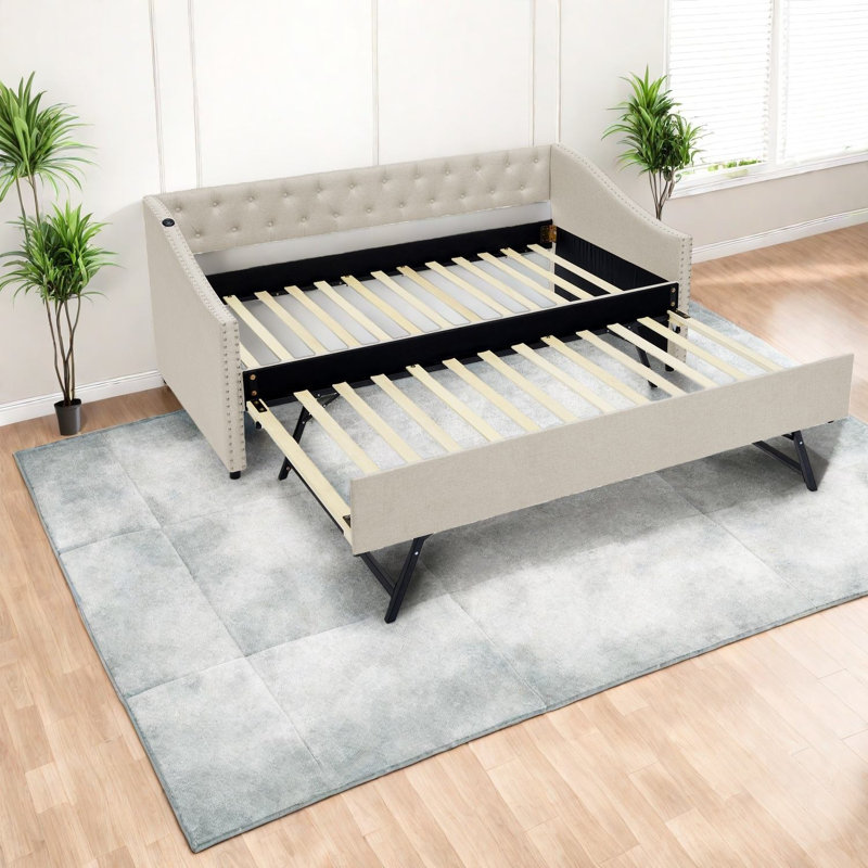 Multifunctional Twin Daybed With Usb And Extendable Trundle, Modern Beige Upholstery