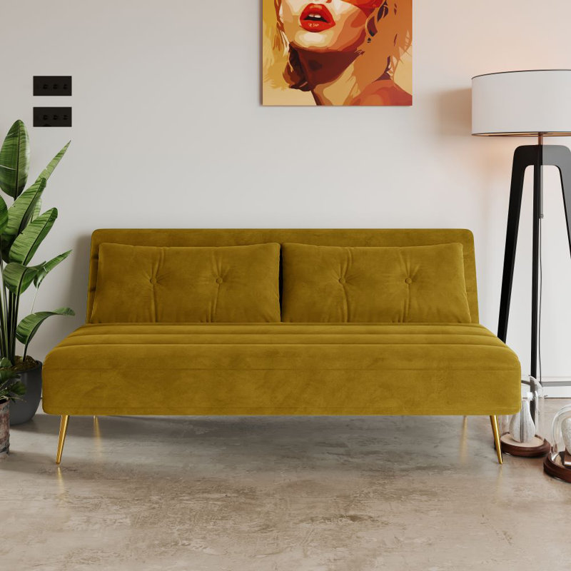 Guille 2 Seater Sofa Bed, Mustard Velvet, 79cm H x 118cm W x 81cm D