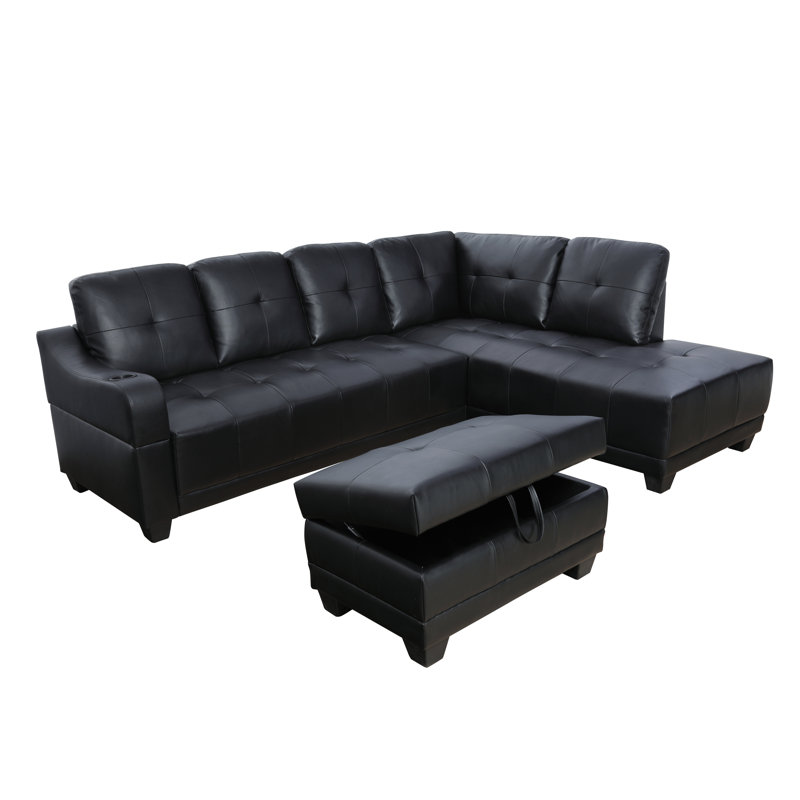 Faux Leather Ottoman, Black Faux Leather