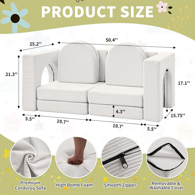 Kids and Toddler Play Couch, Convertible Folding Sofa, Modular Kids Couch for Playroom, Beige