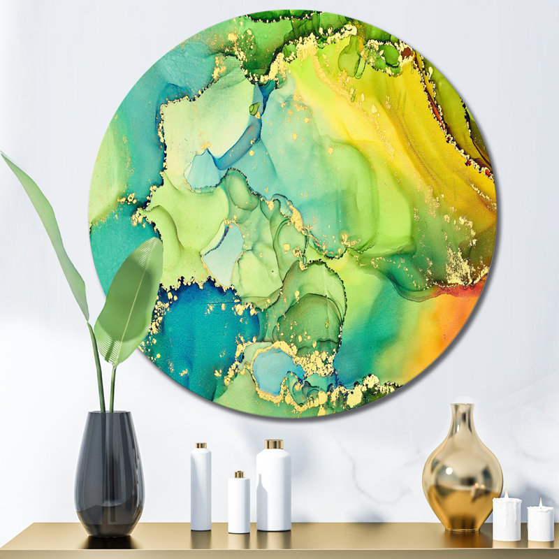 Vert et jaune, art abstrait fluide de luxe - cercle moderne en métal, art mural, H 29 po x l 29 po x P 1 po