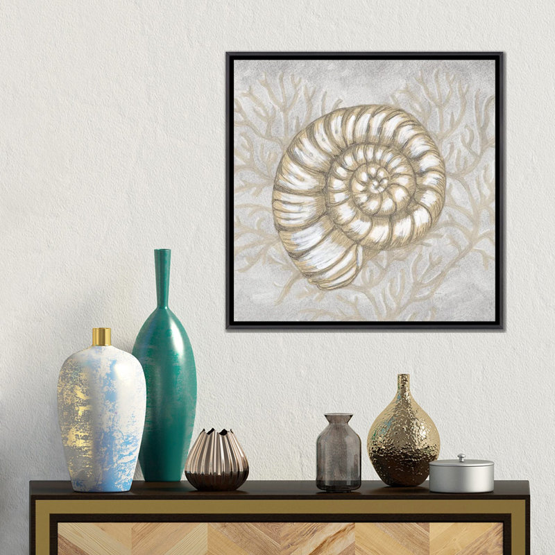 Dessin «Nautical Spiral Shell» - reproduction d'art murale - toile encadrée, 18" x 18", Framed Canvas, Distressed Black