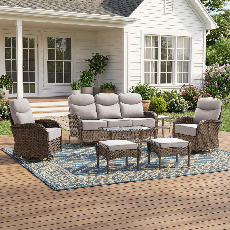Ensemble de conversation de patio pour l'extérieur en osier toutes saisons pour 5 personnes avec coussins pivotants de 6 po himonia, coussins épais inclus