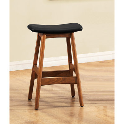 2Pcs Mid-Century Modern Solid Wood Counter Height Stools, Walnut Finish And Matt Black Faux Leather Seat For Kitchen Dining Stools   Of 2 , With