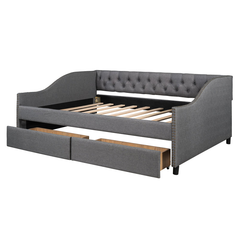 Élégant lit de jour rembourré avec deux tiroirs, gris, système de support, Gris