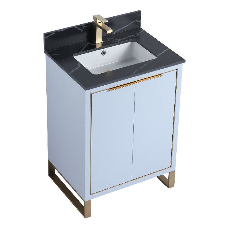 24'' Single Bathroom Vanity with Stone Top, Satin Brass, Pastel Blue