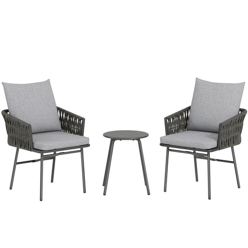 3 Piece Grey Rattan Bistro Set with 2 Chairs and Round Coffee Table, Garden Balcony Furniture with 4 Cushions and Steel Frame
