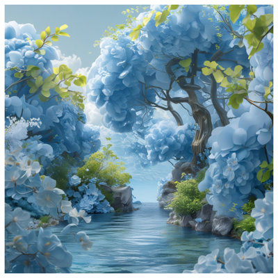 Blue Floral River Landscape Quilted Bedspread All Sizes