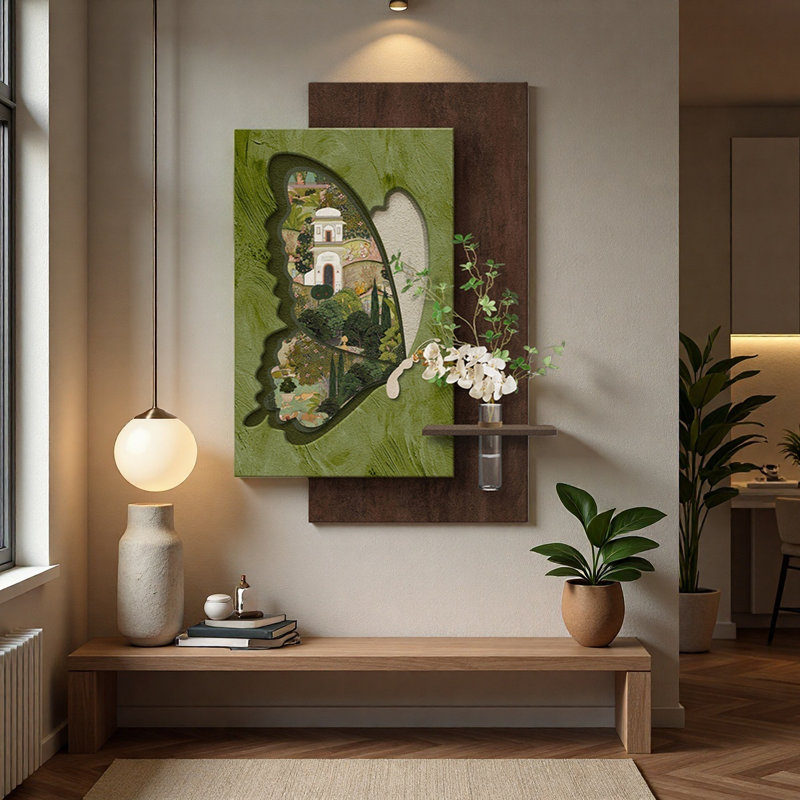 Pot à fleurs Mid-Century moderne en grès papillon, H 59,06 po x l 39,37 po x P 1,57 po, Brun / vert / beige