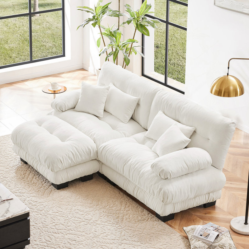 Canapé modulaire confortable en chenille pour le salon, avec coussins supplémentaires et repose-pieds convertible, Blanc