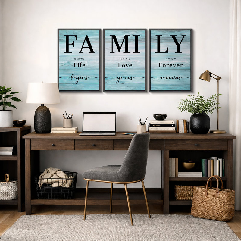«Family Family Artwork», typographie moderne, photos de chambre, impression sur toile encadrée, 3 pièces, Bleu, Cadre noir