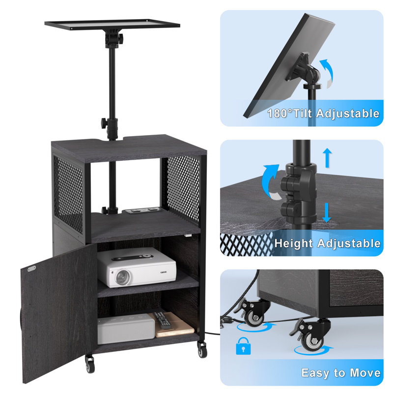 Adjustable Height Black MDF and Steel Projector Cart