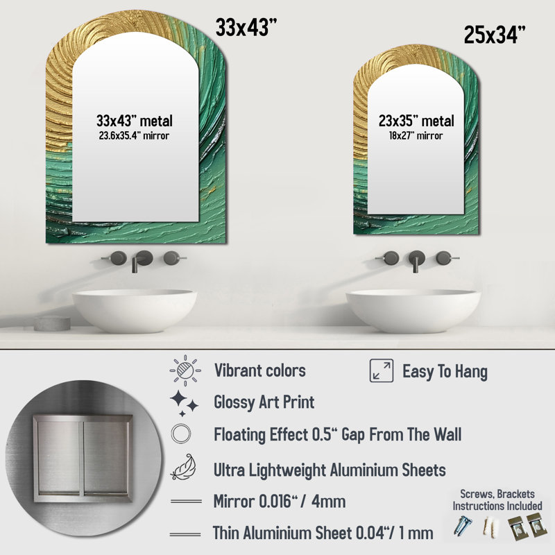 Gold Green Surreal Spirals - Abstract Spirals Asymmetrical Unique Mirror, Gold Arch Large Wall Mirror, Printed Metal Art