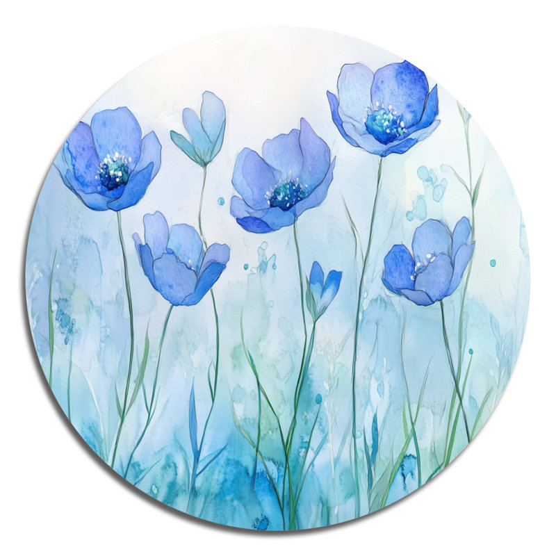 Champ de fleurs bleues bleues en été - Décoration murale ronde en métal fleurs sauvages, L 36 po x H 36 po
