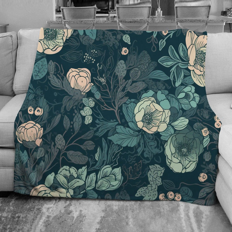 Jeté floral en molleton, L 68 po x L 80 po, Vert / bleu marine floral