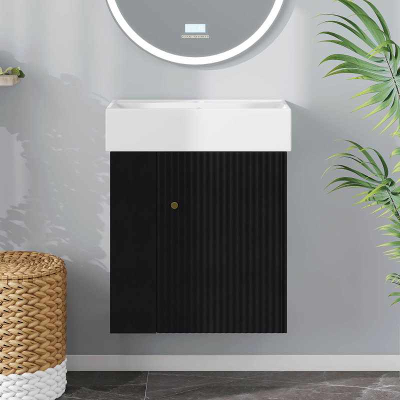 Meuble-lavabo flottant de 22 po avec lavabo, meuble-lavabo mural avec lavabo en céramique, rangement à gauche, Noir