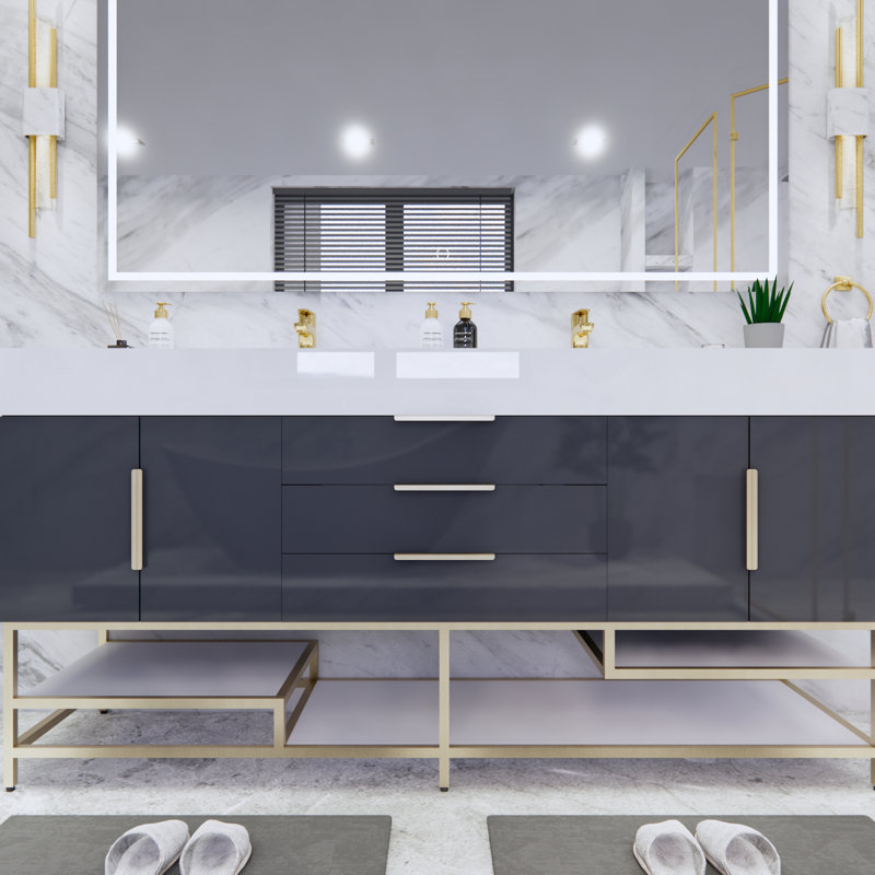 Glasgow 72'' Double Bathroom Vanity with Acrylic Top, High Gloss Dark Gray, White