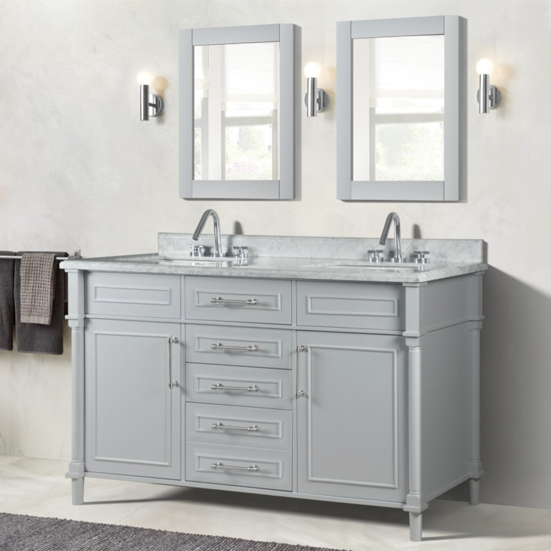 Meuble-lavabo double 60 po avec plateau en marbre de Carrare blanc, Gris clair