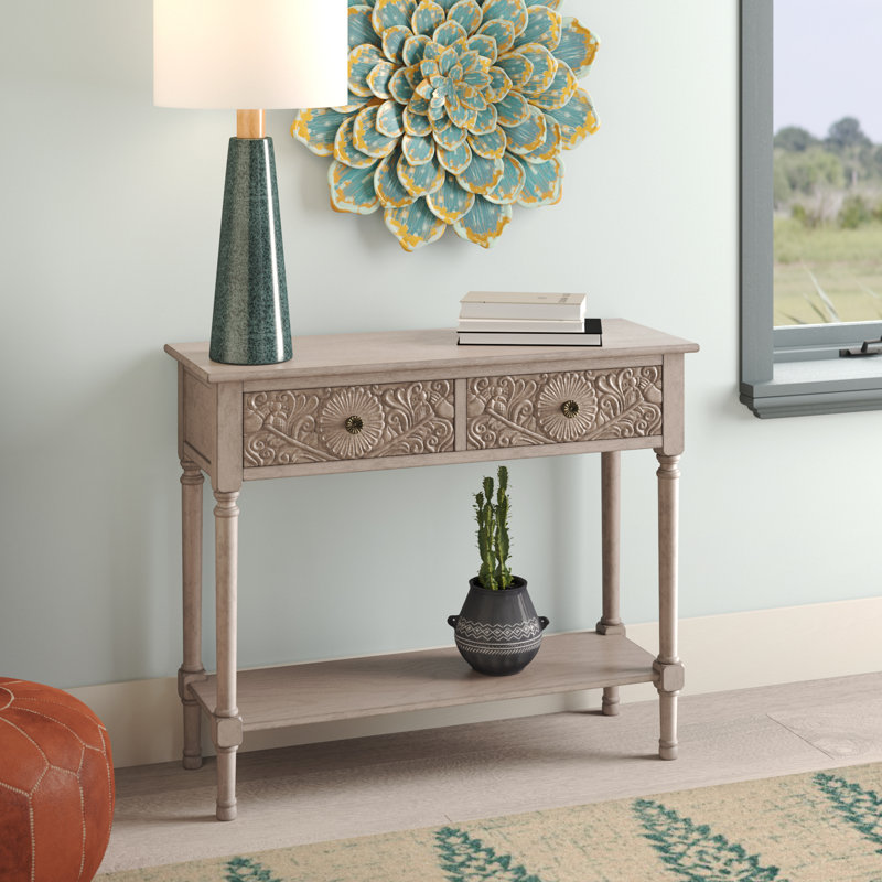 Josie Elegantly Carved Greige Wood & Metal 40'' Console Table with Storage
