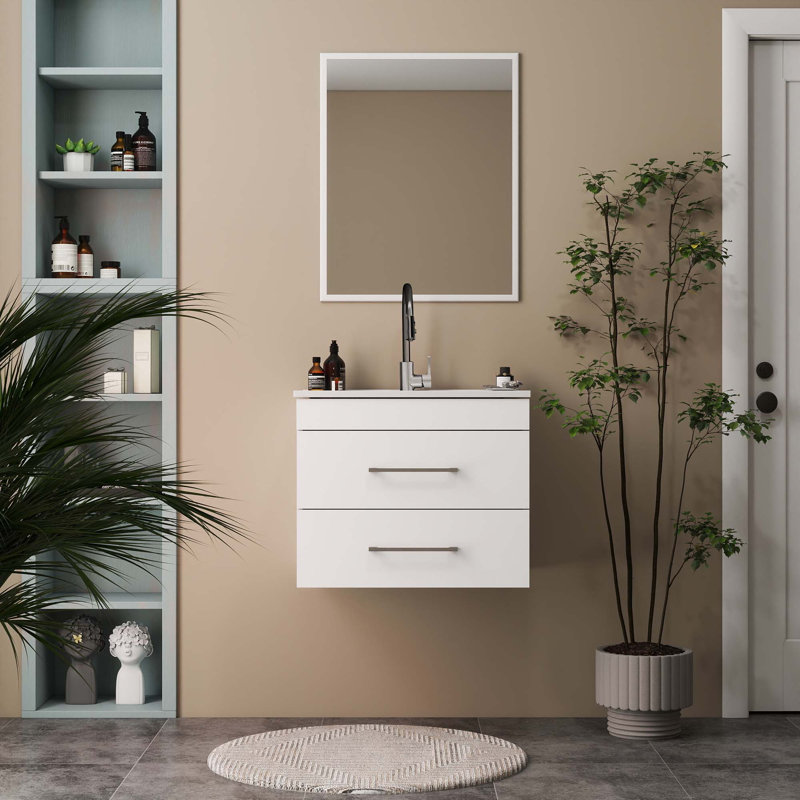 Meuble-lavabo mural blanc brillant avec miroir, 24"
