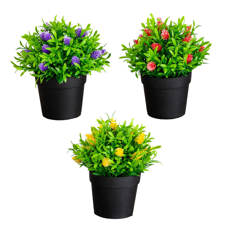 6 po Mini plante artificielle à fleurs en pot noir - ensemble de 3