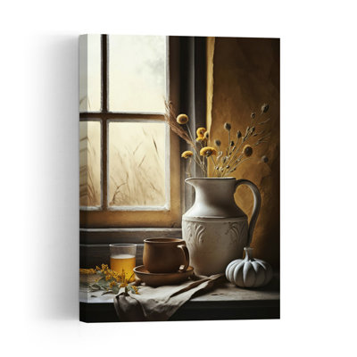 Affiche murale rustique vintage « Fleurs d'automne » avec fenêtre confortable