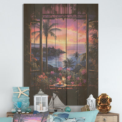 Tropical Coastal Windows View Sunset I - Fenêtres côtières sur bois