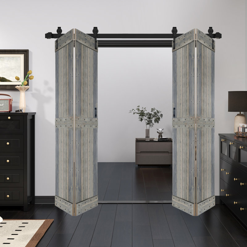 Porte de grange pliante en bois massif de style Mid-Bar 4 panneaux avec quincaillerie - assemblage requis, 72 po x 84 po