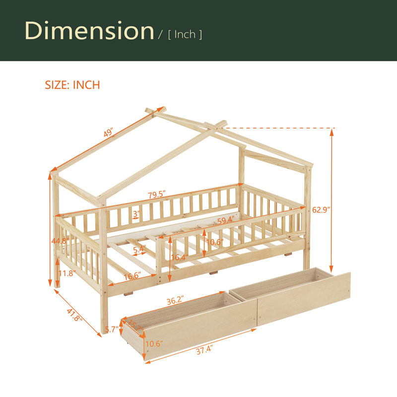 Lit simple en bois avec deux tiroirs, Naturel