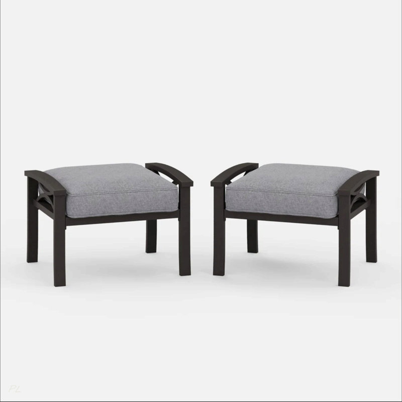 Set Of 2 All-Weather 26” Width Metal Ottomans, Khaki Frame With Gray Cushions, Gray, Khaki