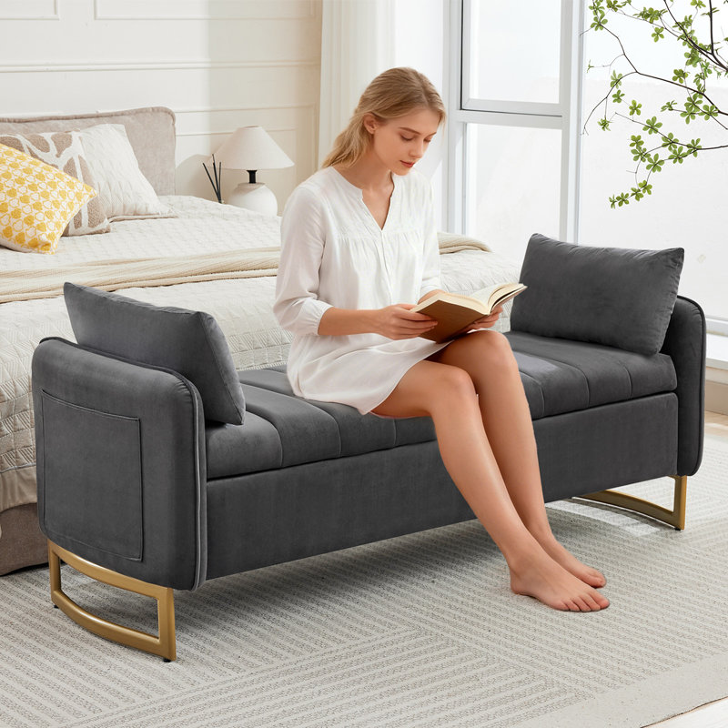 Lunara 66"W Upholstered Velvet Modern Bedroom Storage Bench End of Bed with Gold Legs,Arm Pocket and 2 Pillows, 66'' W