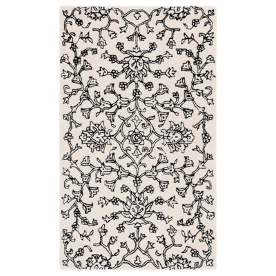 Tapis floral en laine / viscose touffeté à la main Elizaida ivoire / noir