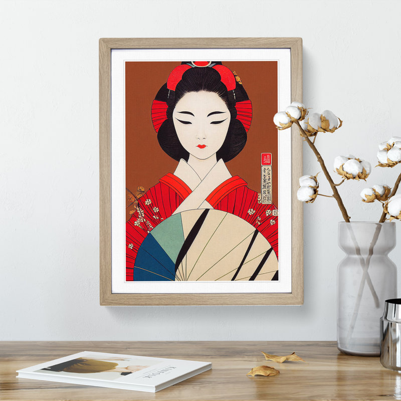 View of a Geisha No.3 1 Piece Single Picture Frame Painting, 46cm H x 34cm W x 2cm D, Oak Framed