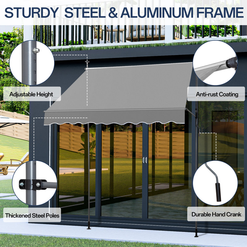 Metal And Polyester Retractable Awning, 118" H x 78.7" W x 47.2" D, Gray