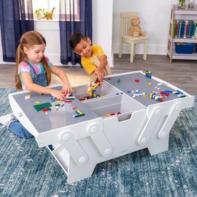 Building Bricks Play N Store Wooden Mega Table With 210 Bricks, White & Gray by KidKraft