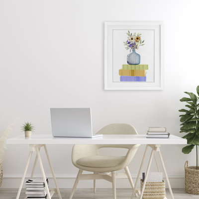 Vase de fleurs sur livres, reproduction encadrée sous verre, conception de Marcus Prime