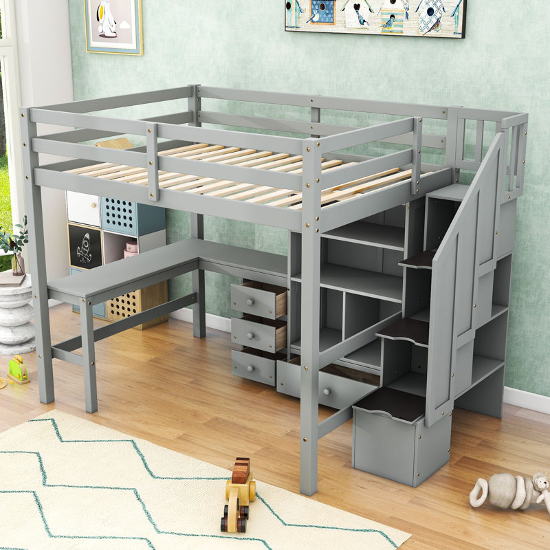 Lit mezzanine double avec bureau, tiroirs et cabine, gris