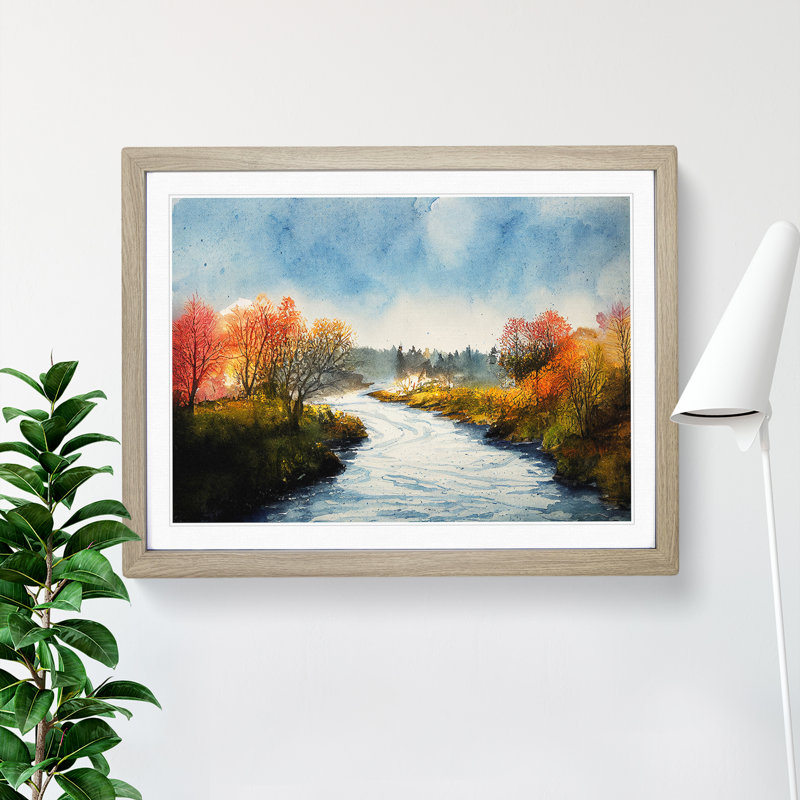 An Autumn Forest River - Single Picture Frame Painting, Oak, 46cm H x 64cm W x 2cm D
