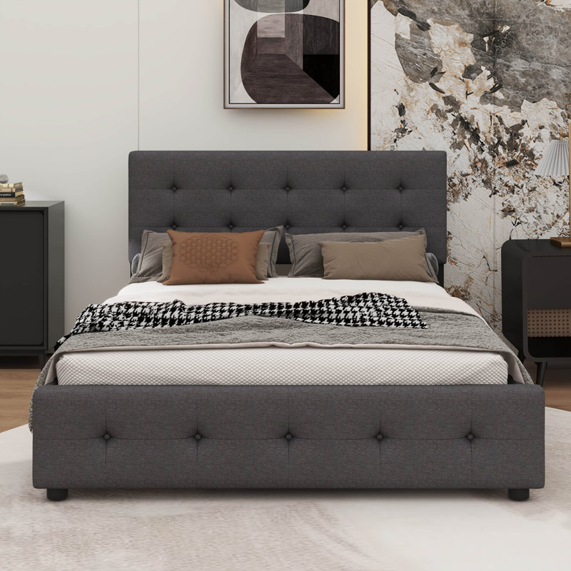 Grand lit plateforme tapissier avec deux tiroirs et un lit gigogne escamotable, Dark Grey