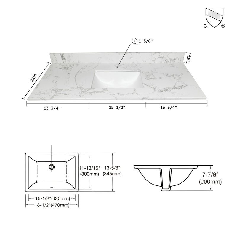 Plateau de meuble-lavabo de salle de bain 43 po x 22 po - Pierre de marbre blanc à proximité avec lavabo sous-comptoir en céramique rectangulaire et robinet à dosseret