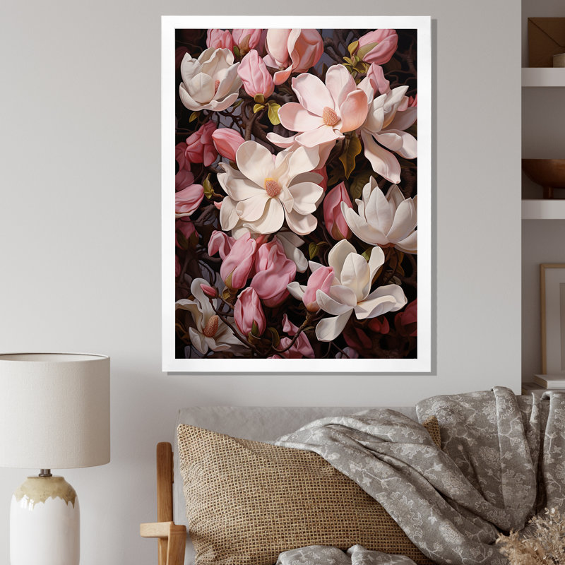 Rose, blanc, magnolia et magnolia - Étreinte, Cadre photo blanc, H 44 po x l 34 po x P 1,5 po