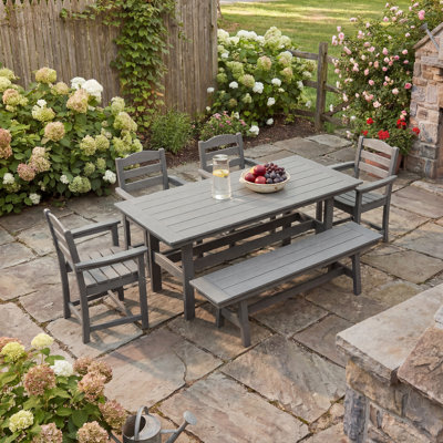 6-Piece Gray HDPE Outdoor Patio Dining Set With Table, Bench, 2 Armchairs & 2 Side Chairs, Weather-Resistant All-Weather Garden Furniture With Umbrella Hole