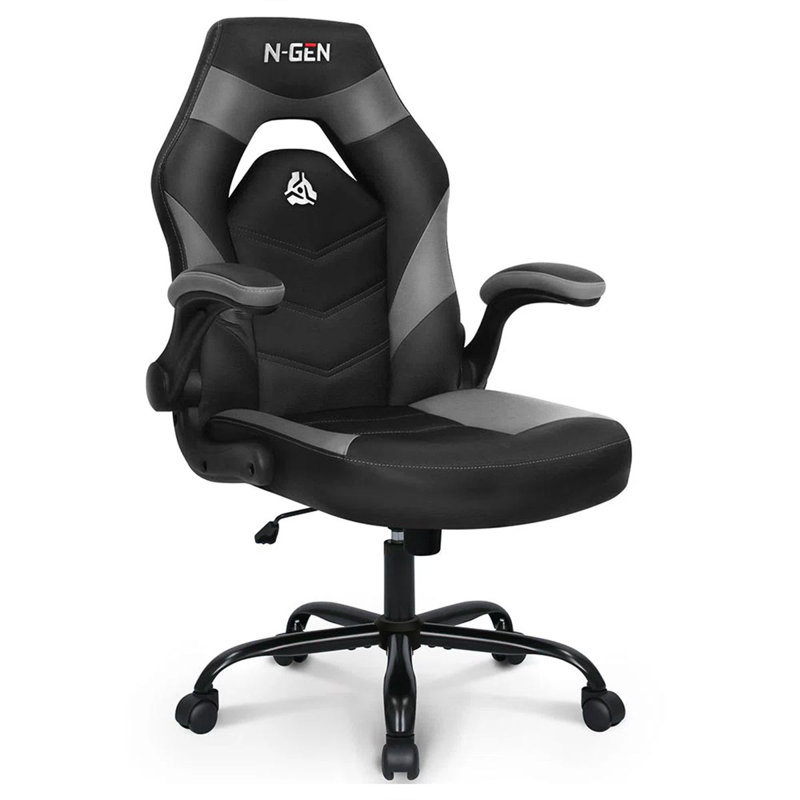 N-GEN Adjustable Ergonomic Faux Leather Swiveling PC & Racing Game Office Desk Chair with Flip-Up Arms, Gray