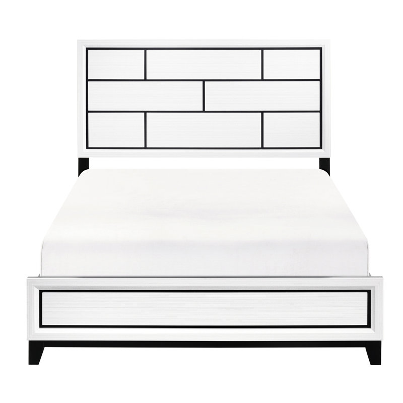 Lit de chambre à coucher moderne et moderne, finition blanche et ornementation en ligne noire avec finition, accent