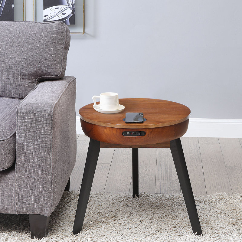 Yoakum End Table with Built-In Outlets, Walnut/Black