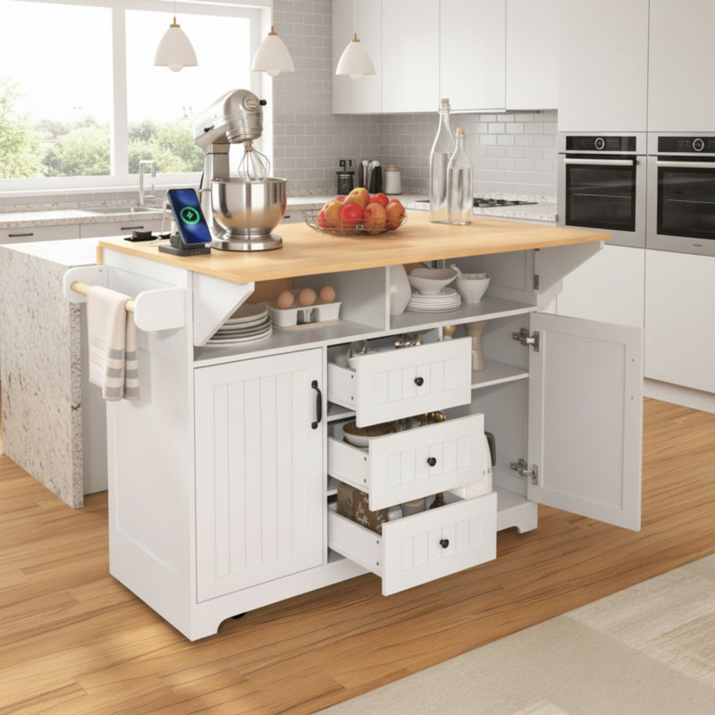 This White, Portable Kitchen Cart Features A Folding Tabletop, A Power Outlet, A Spice Rack, And A Towel Rack—Practical And Aesthetically Pleasing.