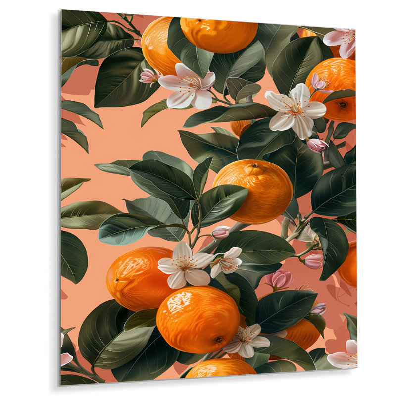 Décoration murale orange orange et arbres verts II - fruits, Sans cadre, métal, H 16 po x l 32 po